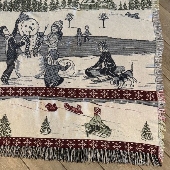Vintage Winter Scene Snowman Christmas Tapestry Throw Blanket 45x58 - Picture 3 of 8